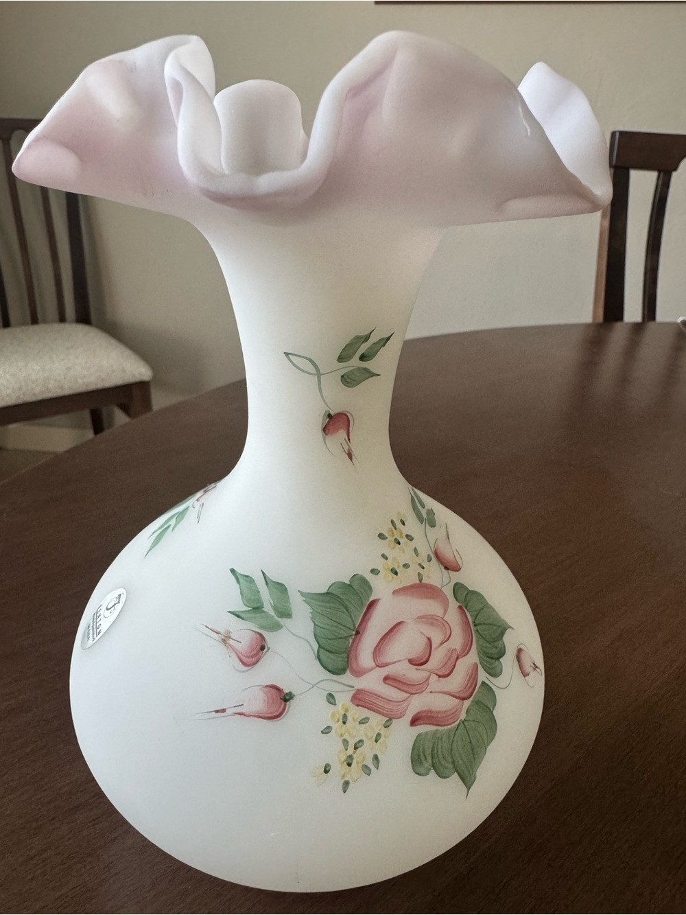 FENTON Floral Pink and White Vase